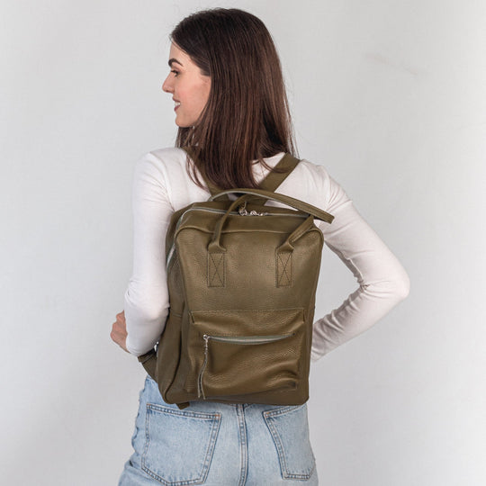 Olive pebbled  leather city backpack - Leather Purse Backpack