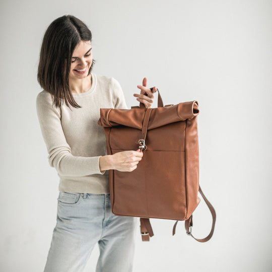 Brown pebbled leather roll-top backpack - Leather Purse Backpack