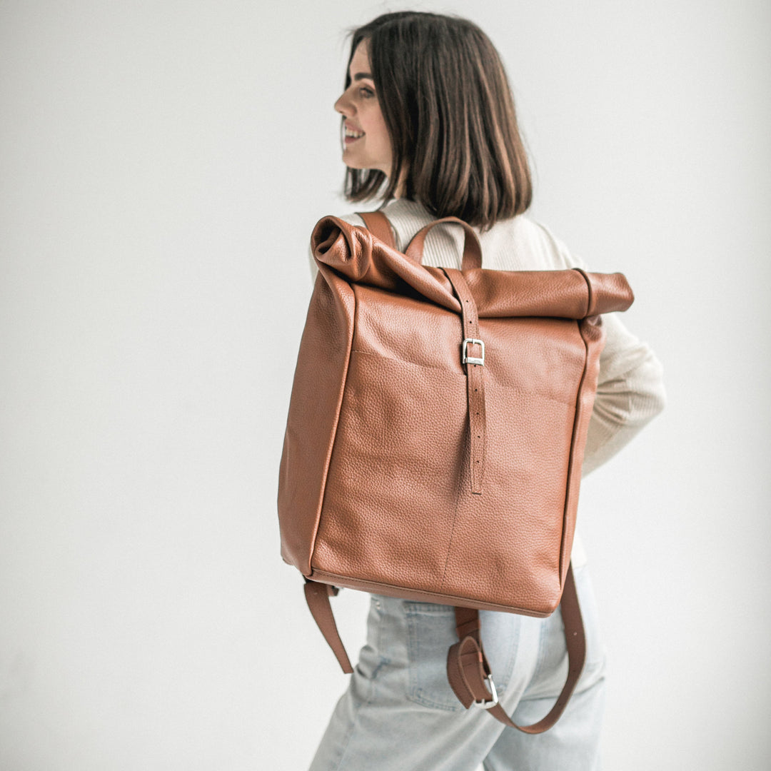 Brown pebbled leather roll-top backpack - Leather Purse Backpack