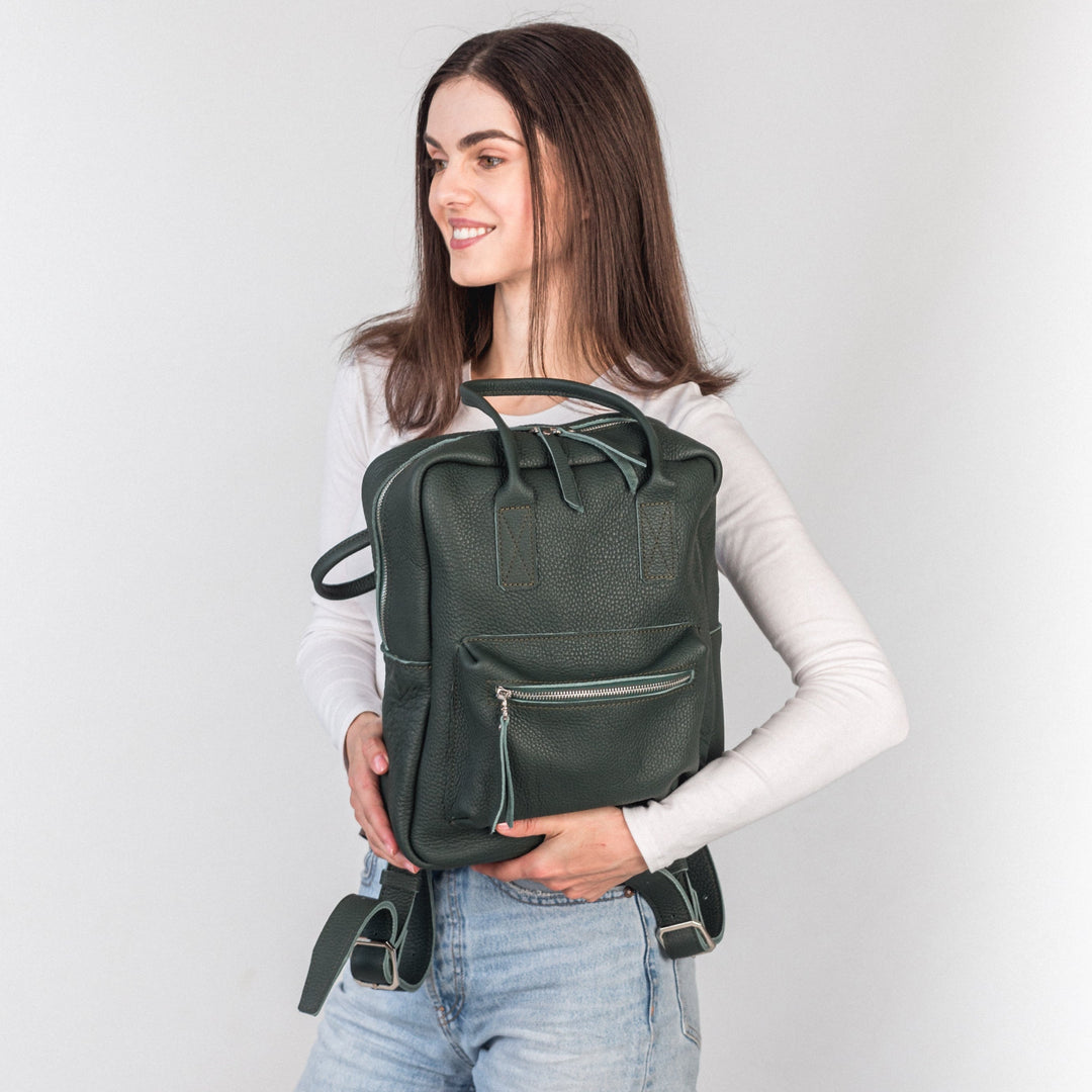 Green pebbled  leather city backpack - Leather Purse Backpack