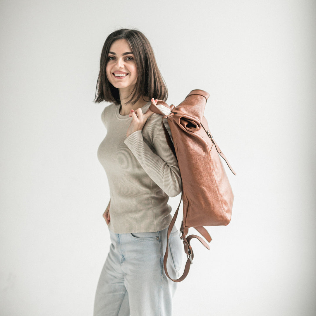 Brown pebbled leather roll-top backpack - Leather Purse Backpack