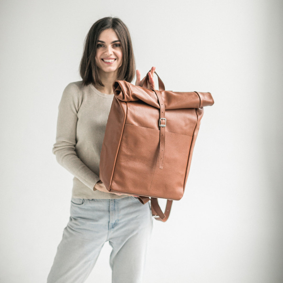 Brown pebbled leather roll-top backpack - Leather Purse Backpack