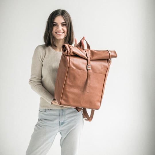 Brown pebbled leather roll-top backpack - Leather Purse Backpack