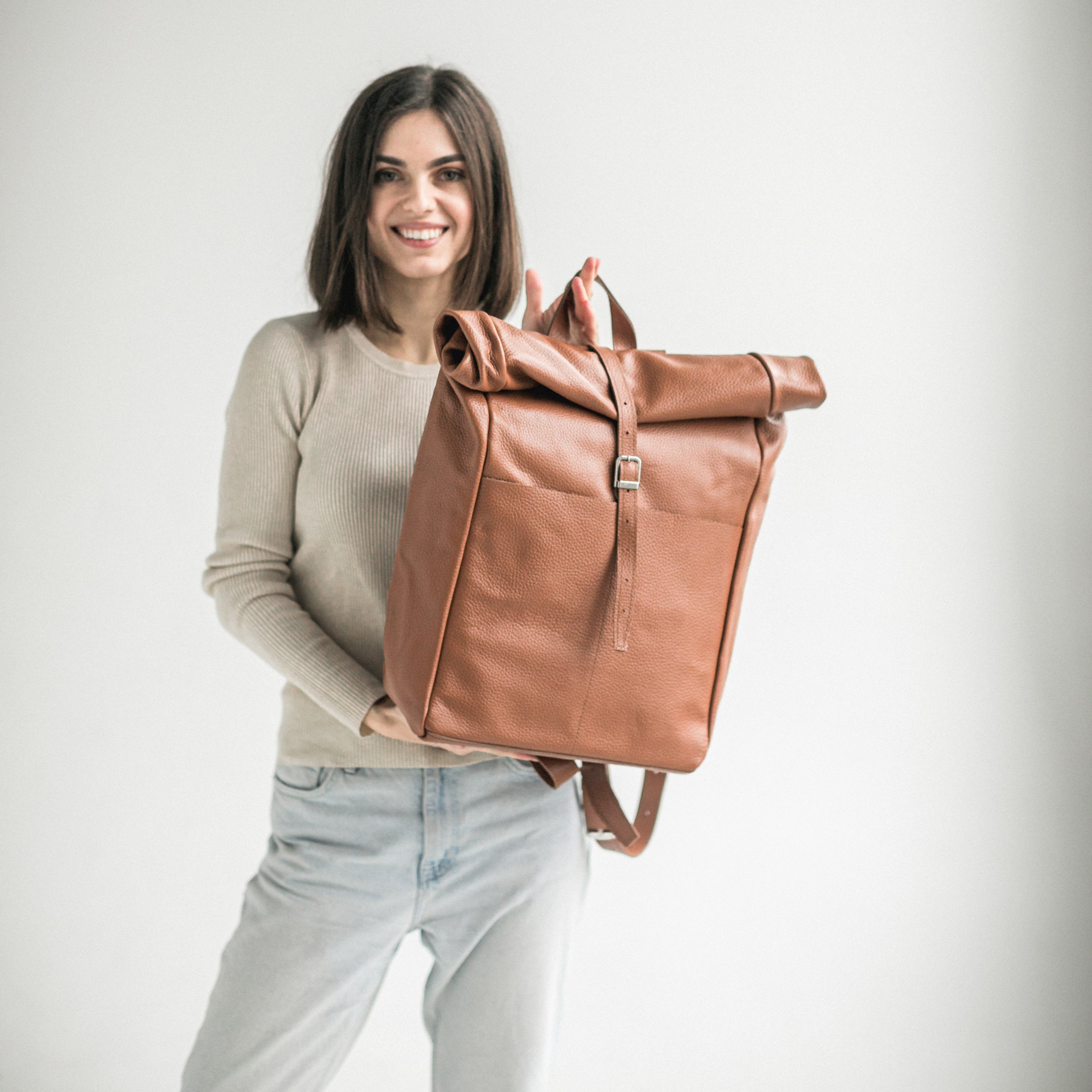 Brown pebbled leather roll-top backpack - Leather Purse Backpack