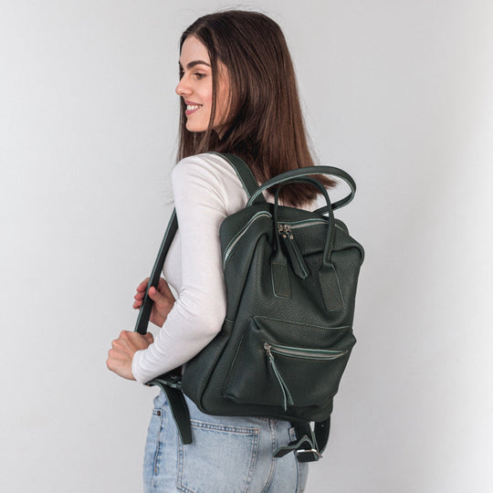 Green pebbled  leather city backpack - Leather Purse Backpack