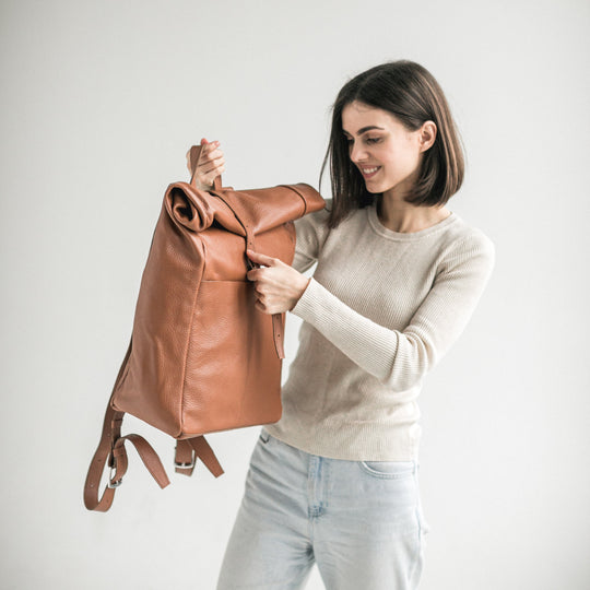 Brown pebbled leather roll-top backpack - Leather Purse Backpack