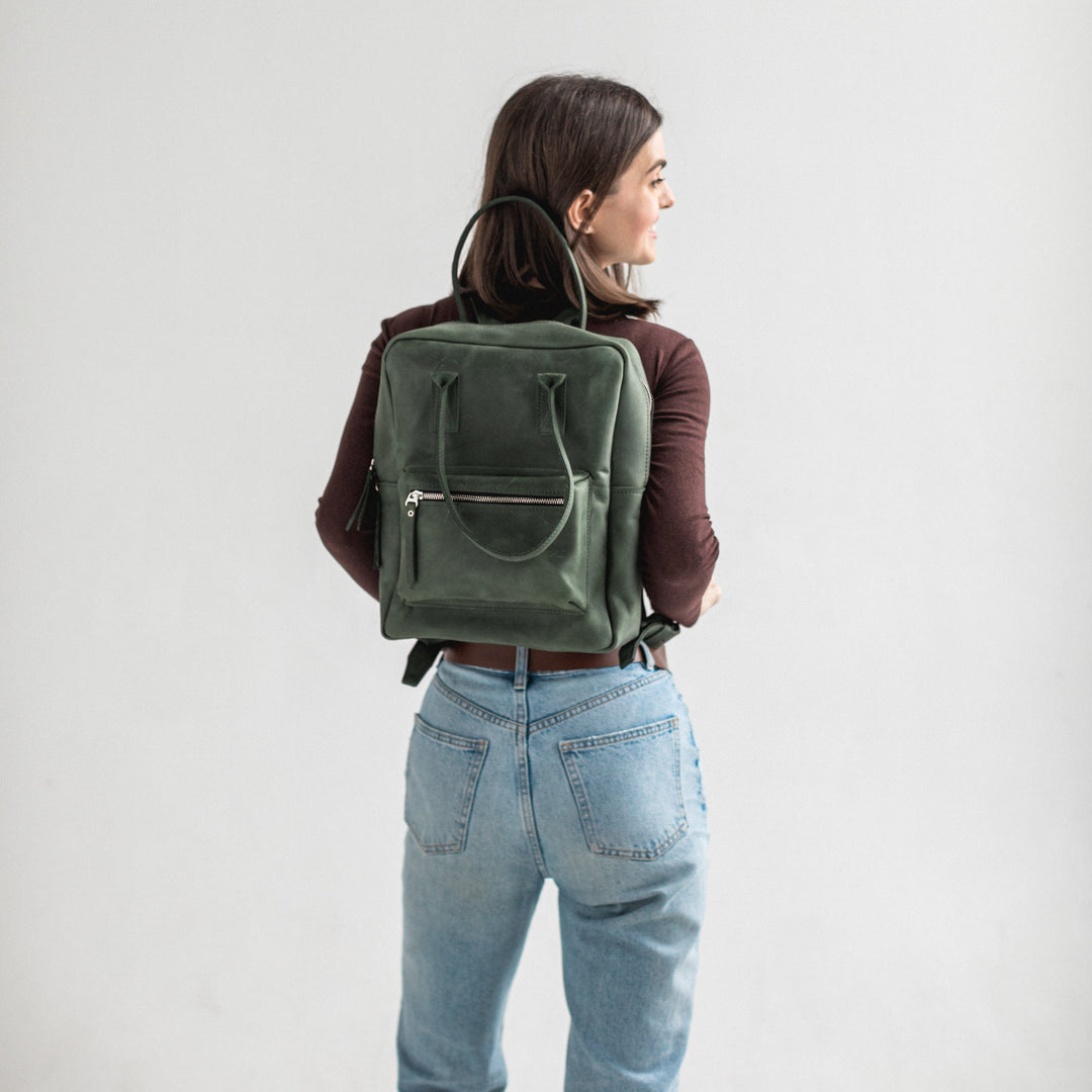 Green leather city backpack - Leather Purse Backpack