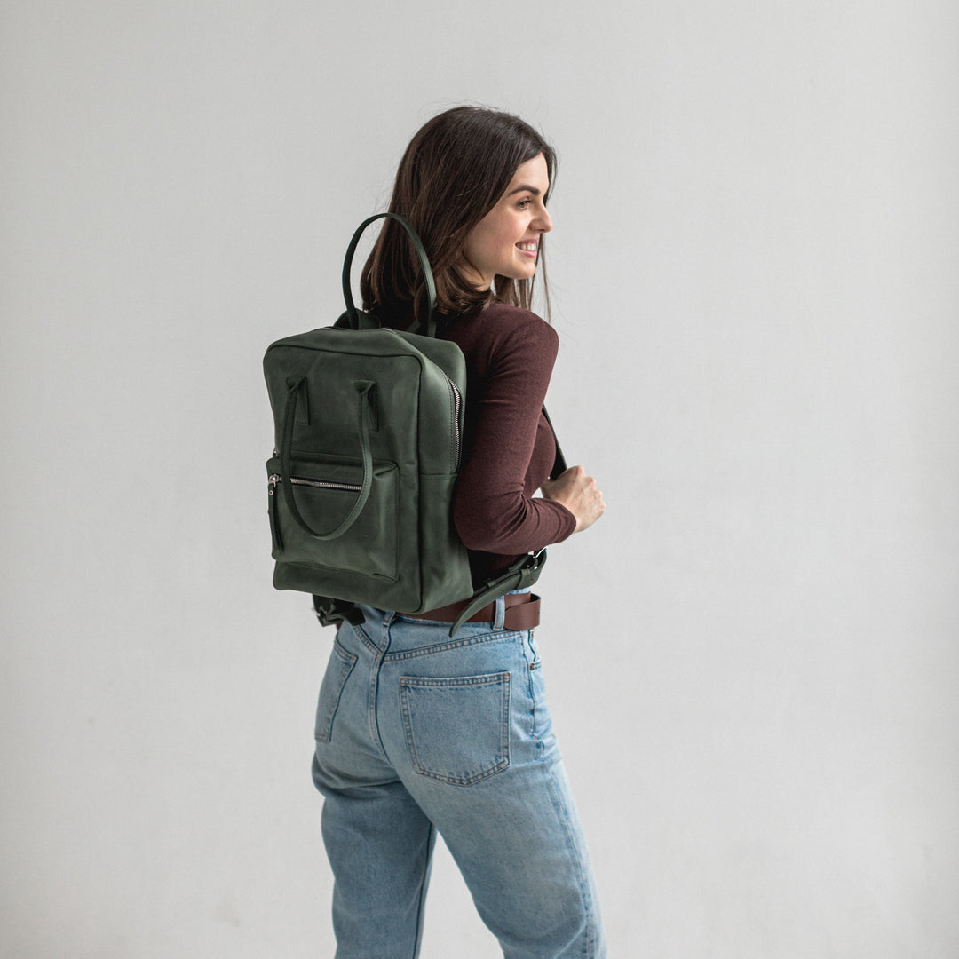 Green leather city backpack - Leather Purse Backpack