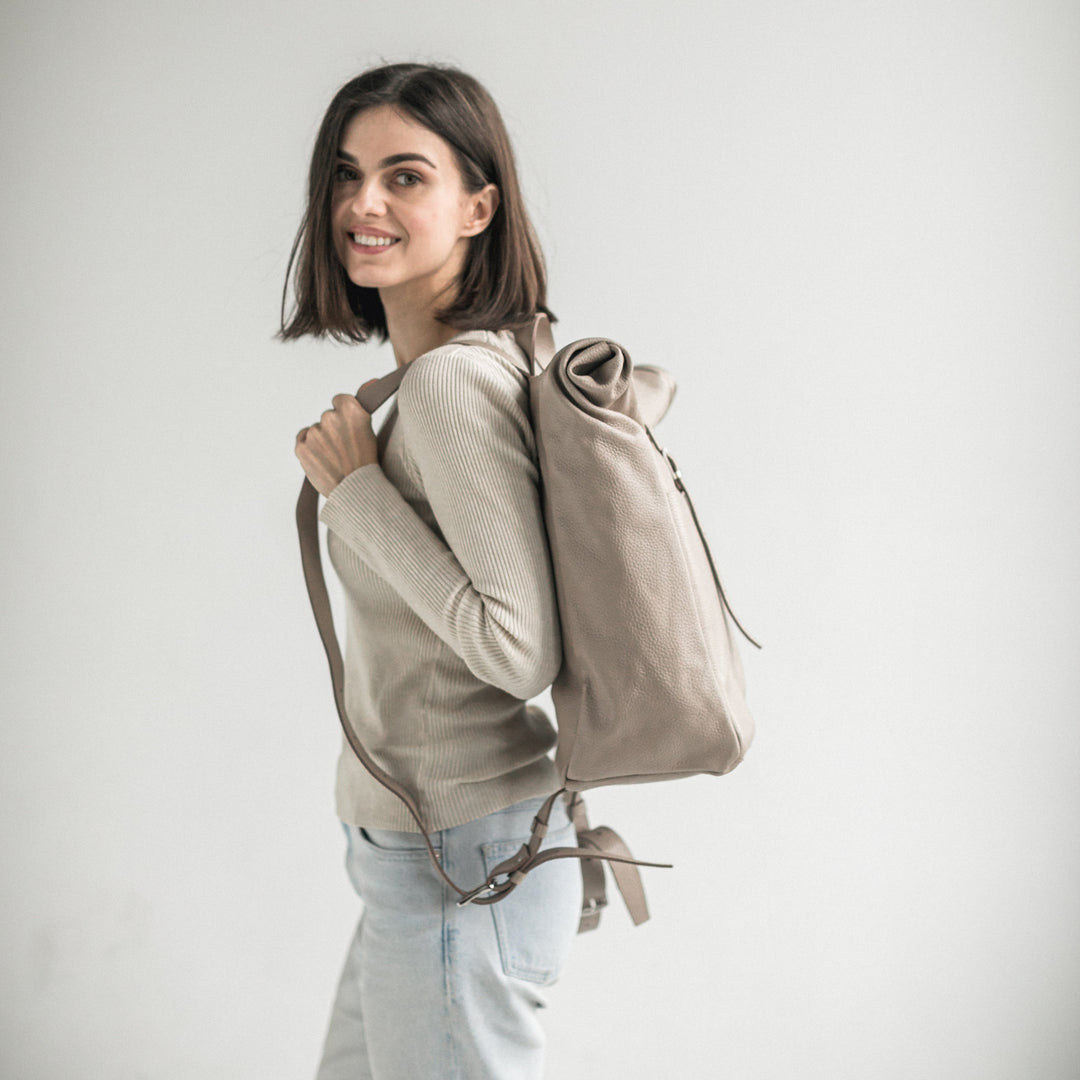 Beige pebbled leather roll-top backpack - Leather Purse Backpack