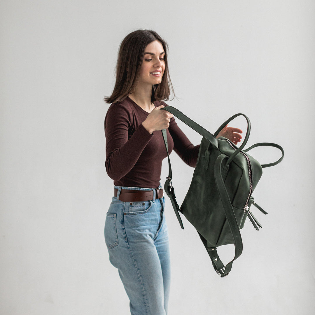 Green leather city backpack - Leather Purse Backpack