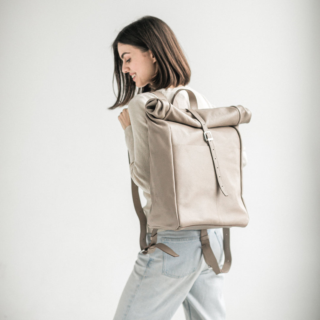 Beige pebbled leather roll-top backpack - Leather Purse Backpack