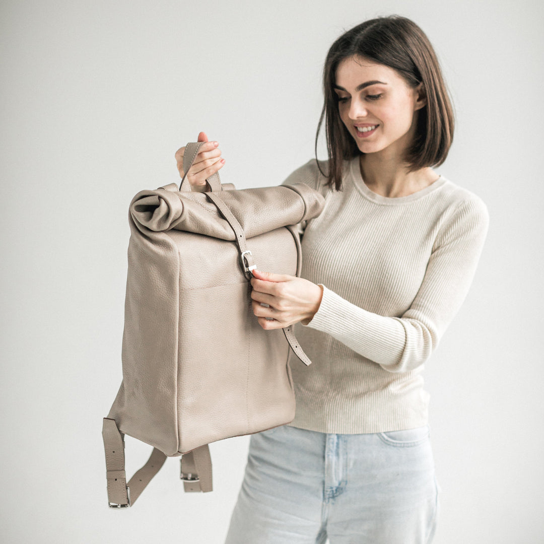 Beige pebbled leather roll-top backpack - Leather Purse Backpack