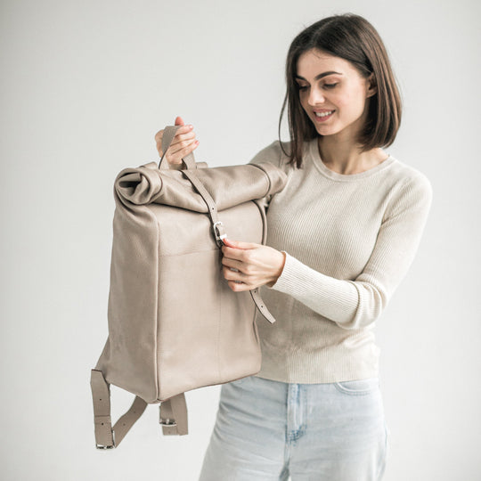 Beige pebbled leather roll-top backpack - Leather Purse Backpack