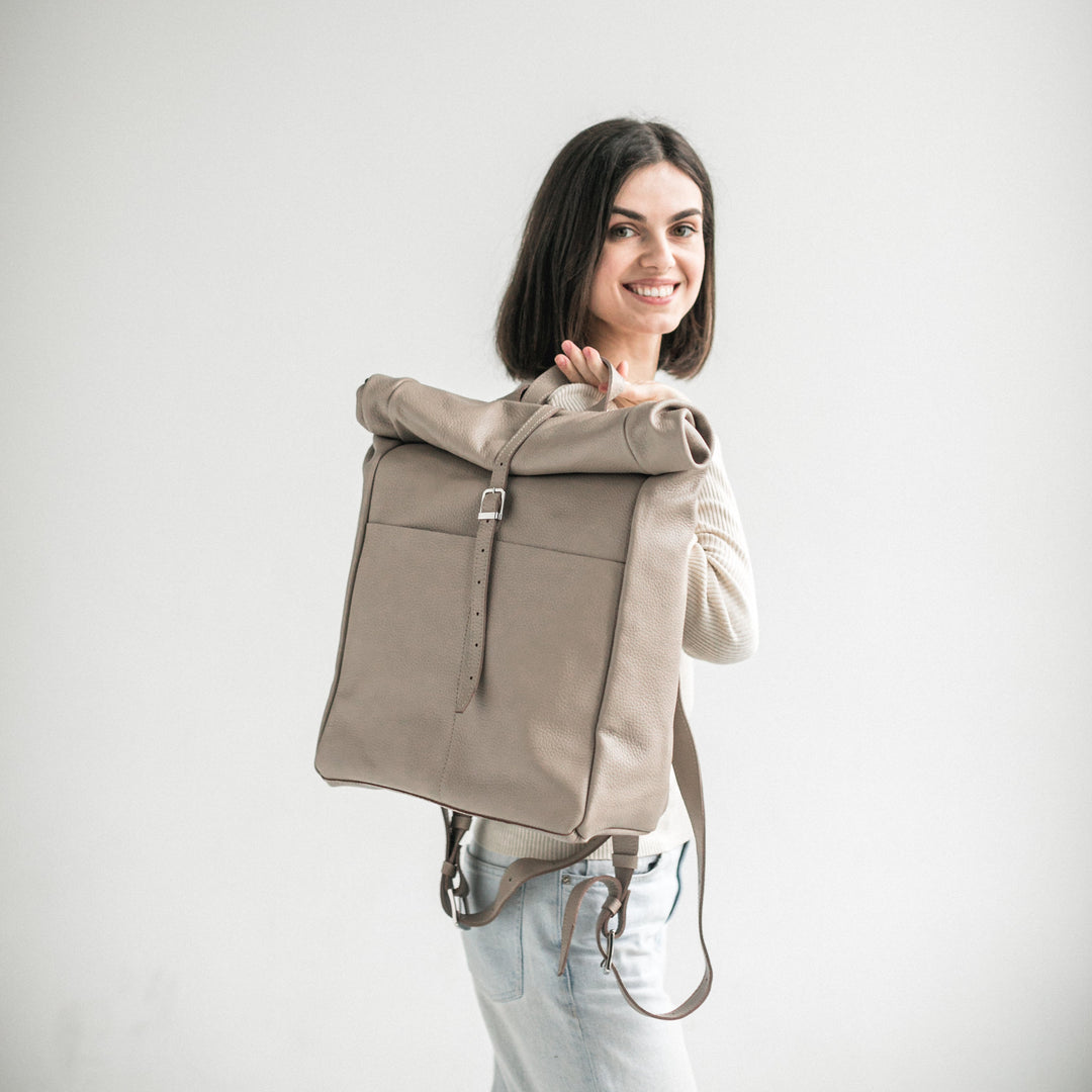 Beige pebbled leather roll-top backpack - Leather Purse Backpack