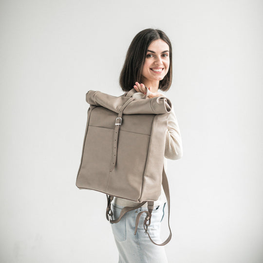 Beige pebbled leather roll-top backpack - Leather Purse Backpack
