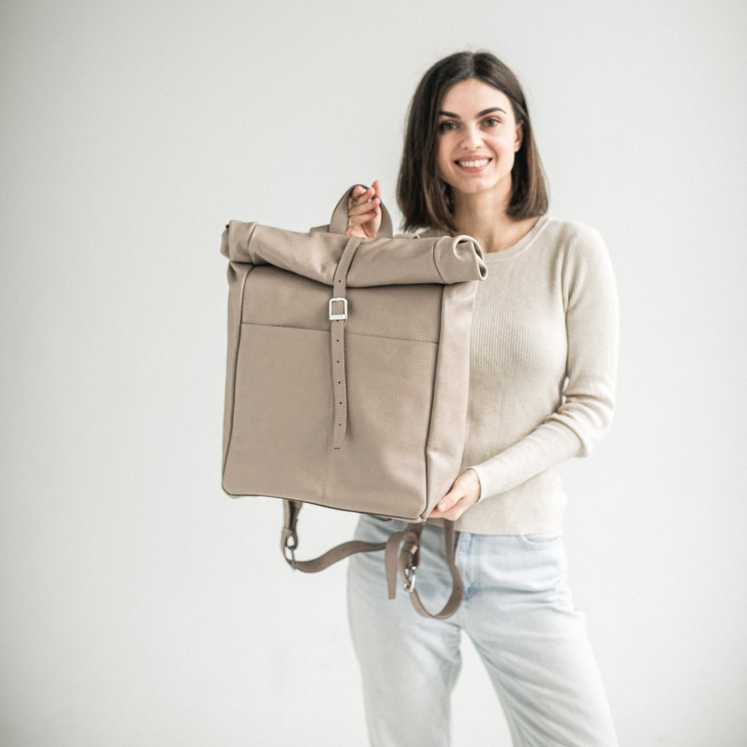 Beige pebbled leather roll-top backpack - Leather Purse Backpack