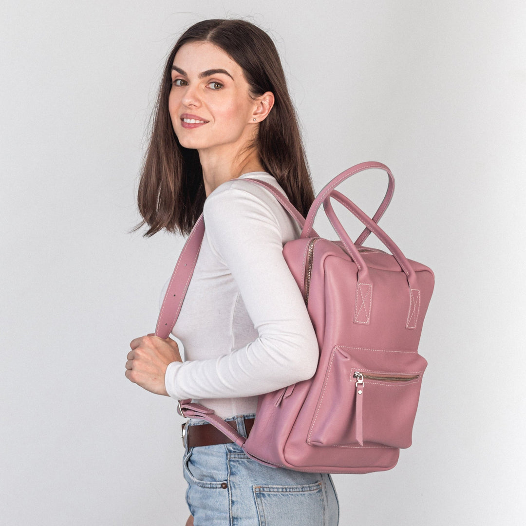 Pink leather city backpack - Leather Purse Backpack