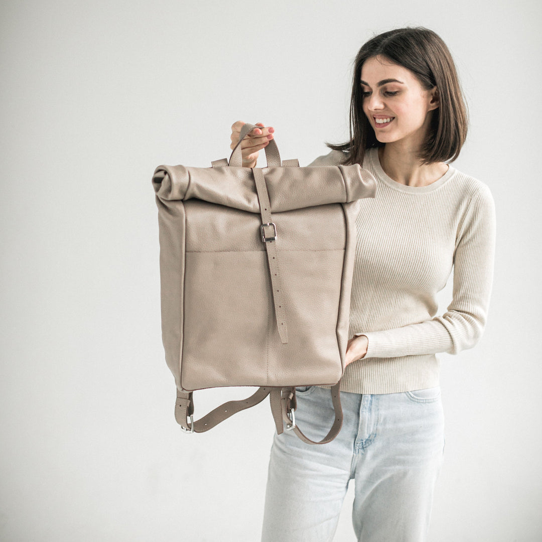 Beige pebbled leather roll-top backpack - Leather Purse Backpack