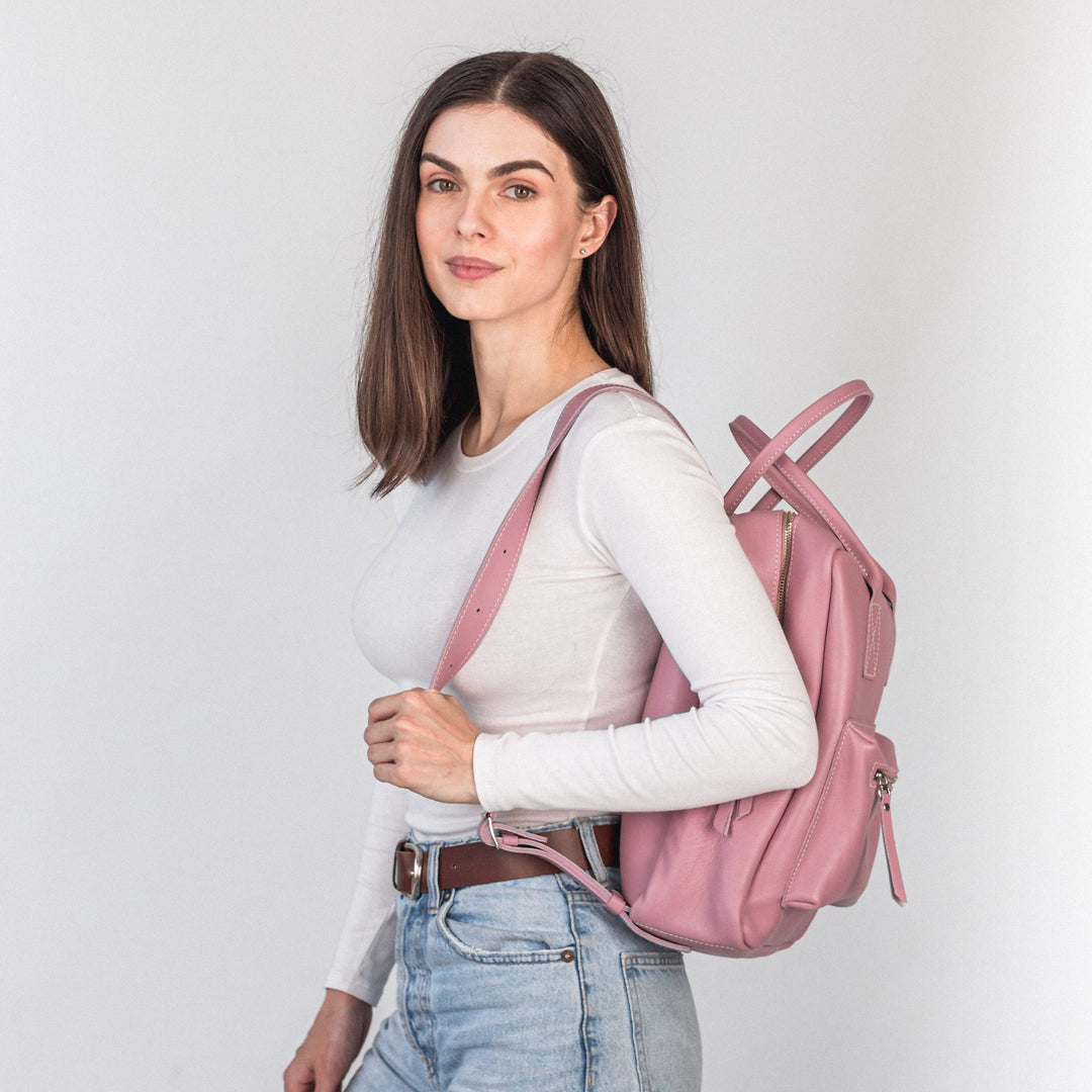Pink leather city backpack - Leather Purse Backpack