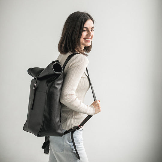 Black pebbled leather roll-top backpack - Leather Purse Backpack