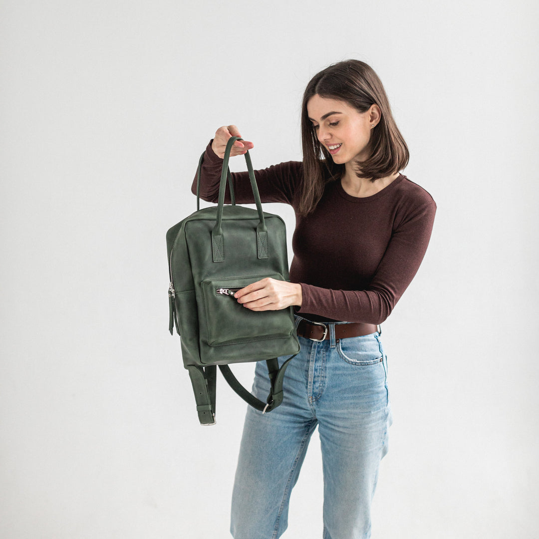 Green leather city backpack - Leather Purse Backpack