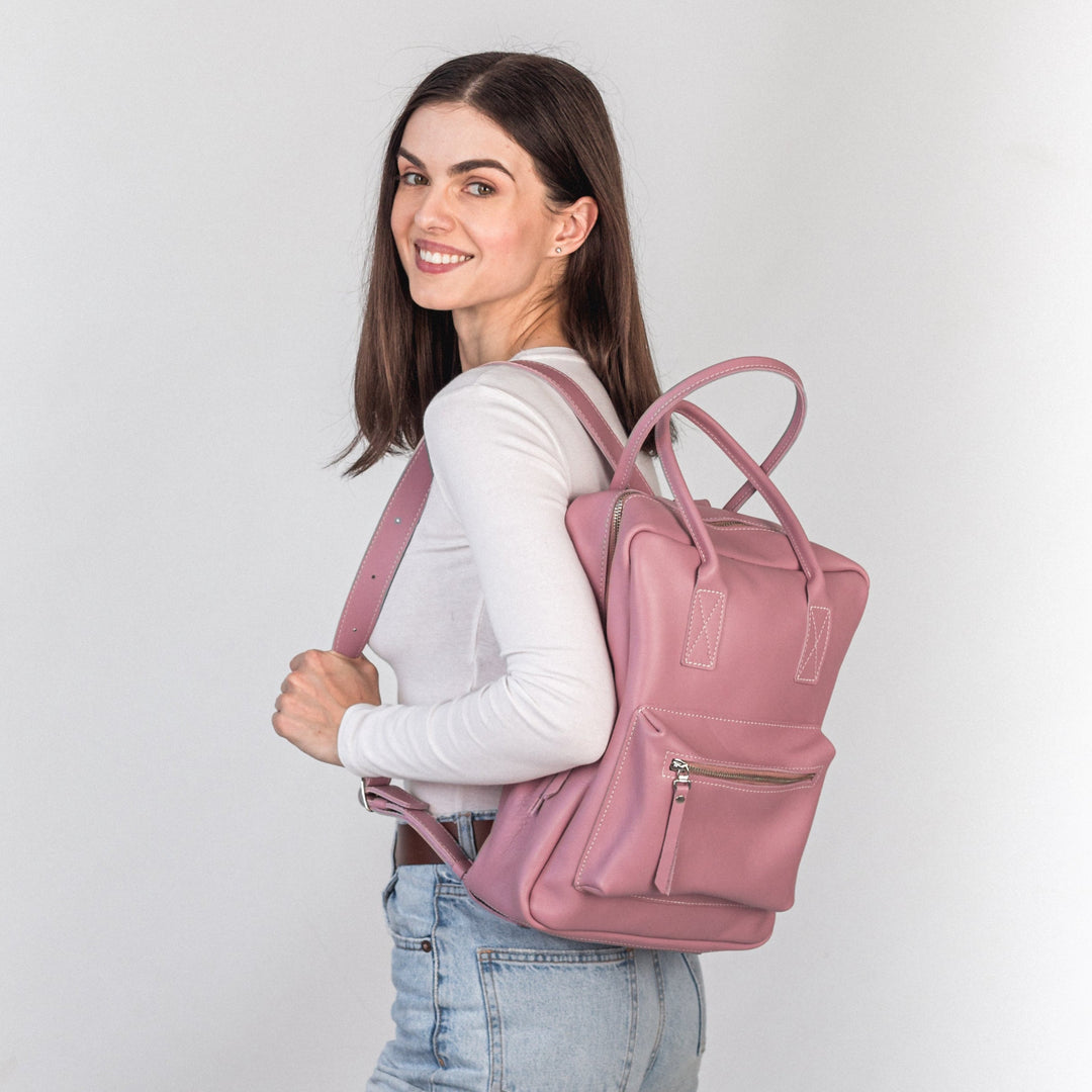 Pink leather city backpack - Leather Purse Backpack