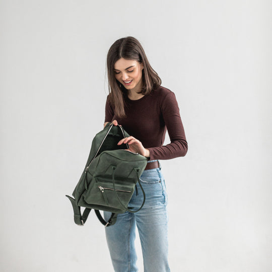 Green leather city backpack - Leather Purse Backpack