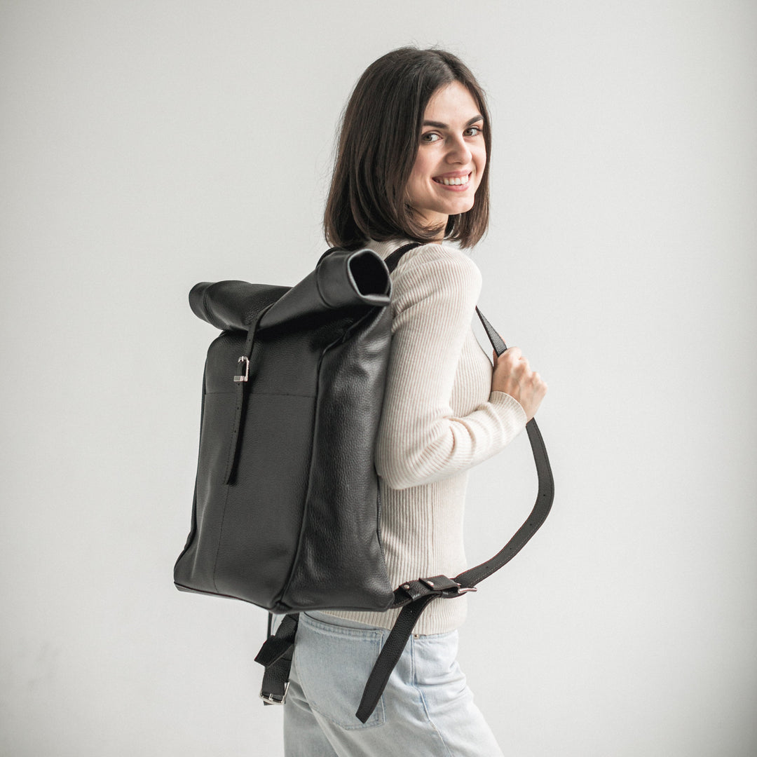 Black pebbled leather roll-top backpack - Leather Purse Backpack
