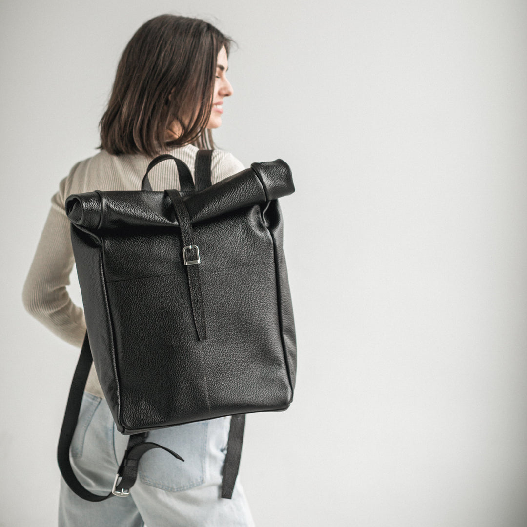 Black pebbled leather roll-top backpack - Leather Purse Backpack