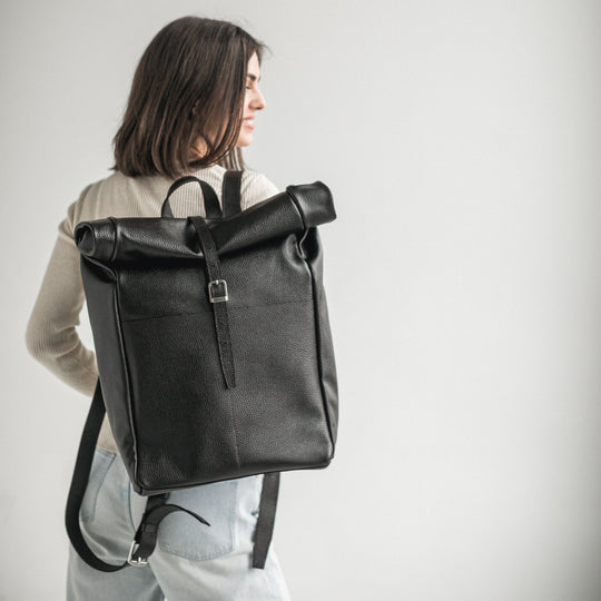 Black pebbled leather roll-top backpack - Leather Purse Backpack