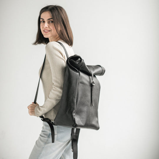 Black pebbled leather roll-top backpack - Leather Purse Backpack