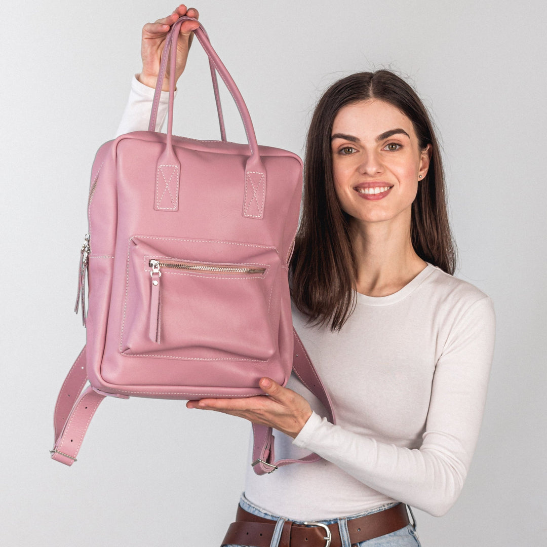 Pink leather city backpack - Leather Purse Backpack