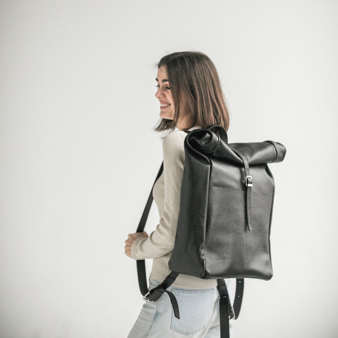 Black pebbled leather roll-top backpack - Leather Purse Backpack