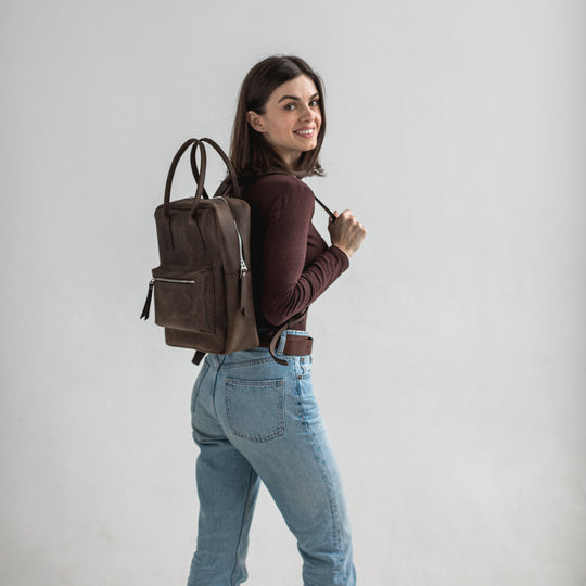 Dark brown leather city backpack - Leather Purse Backpack