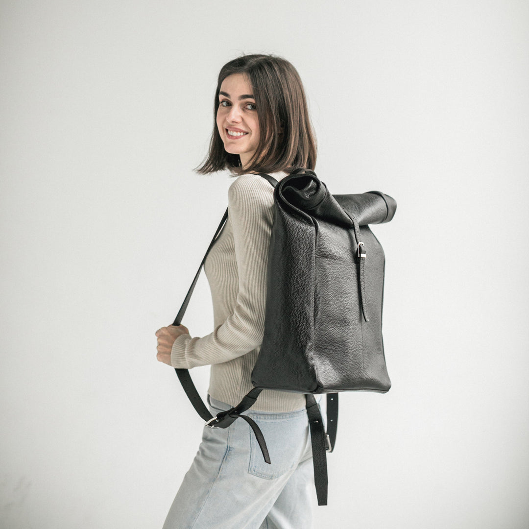 Black pebbled leather roll-top backpack - Leather Purse Backpack
