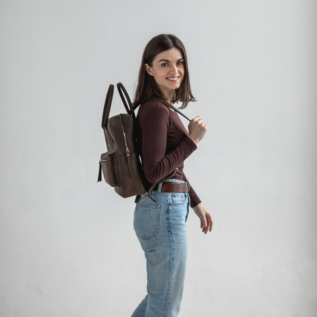 Dark brown leather city backpack - Leather Purse Backpack