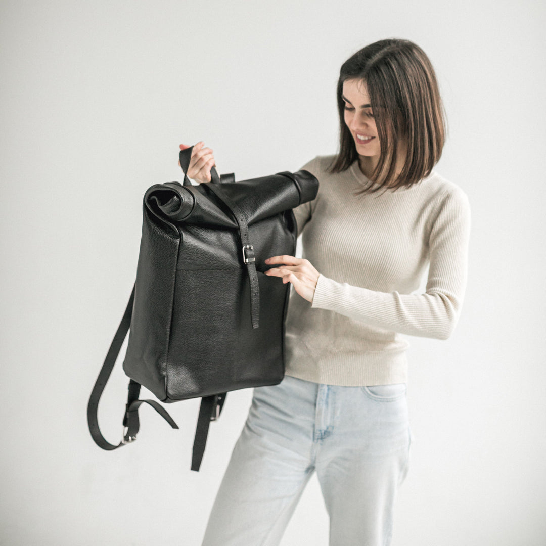 Black pebbled leather roll-top backpack - Leather Purse Backpack