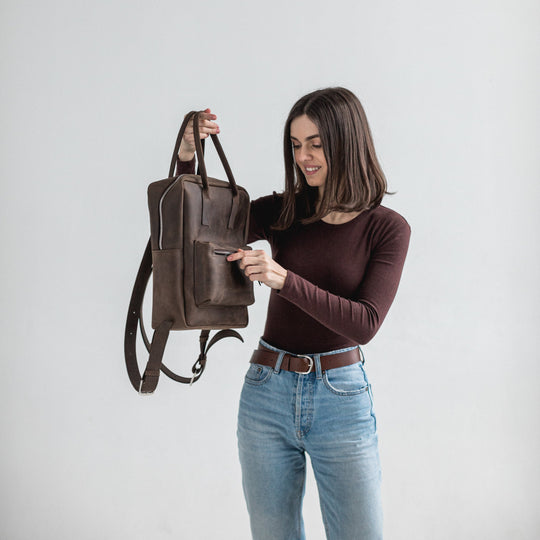 Dark brown leather city backpack - Leather Purse Backpack