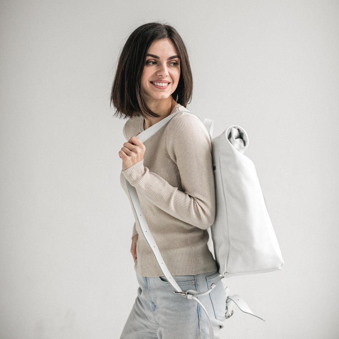 White pebbled leather roll-top backpack - Leather Purse Backpack