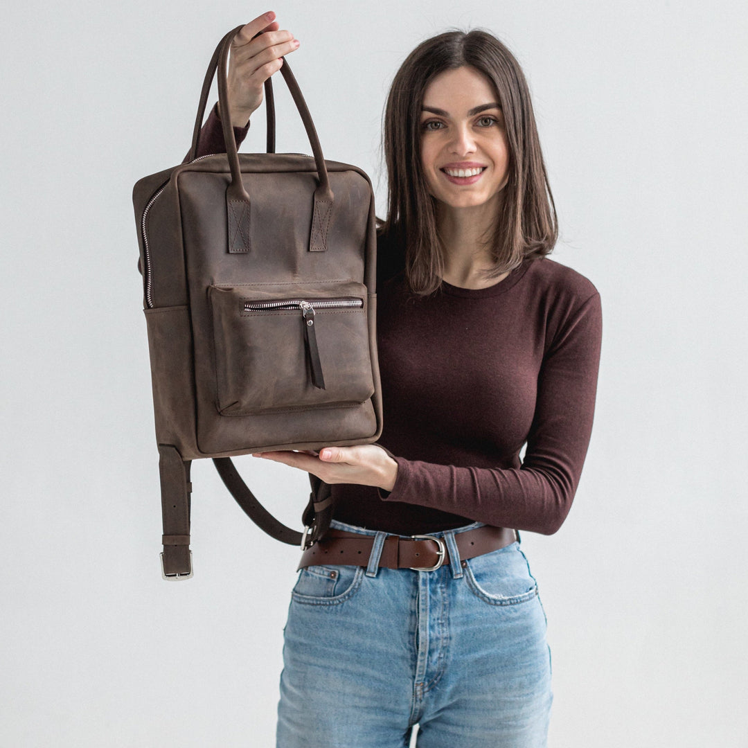 Dark brown leather city backpack - Leather Purse Backpack