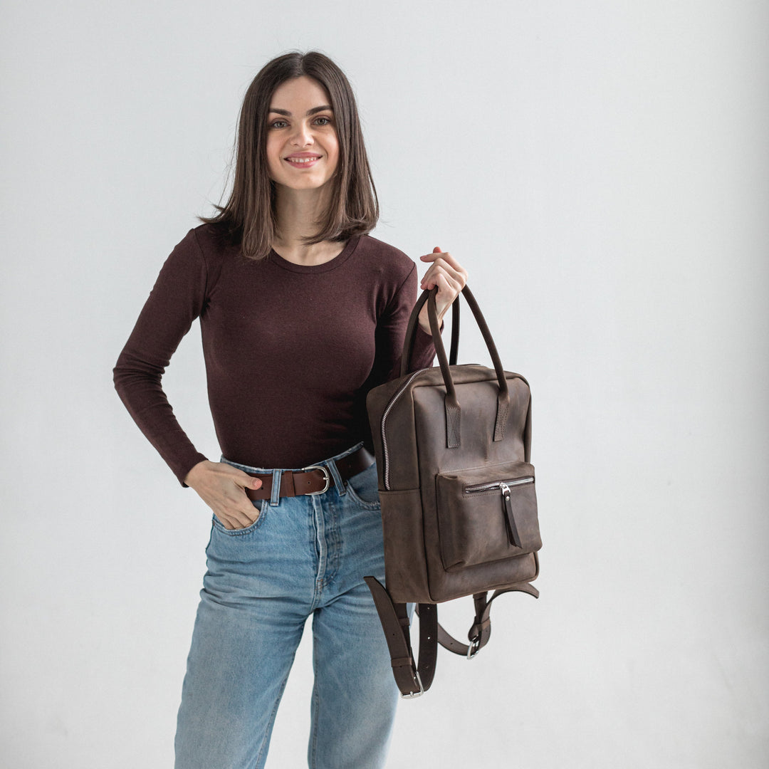 Dark brown leather city backpack - Leather Purse Backpack