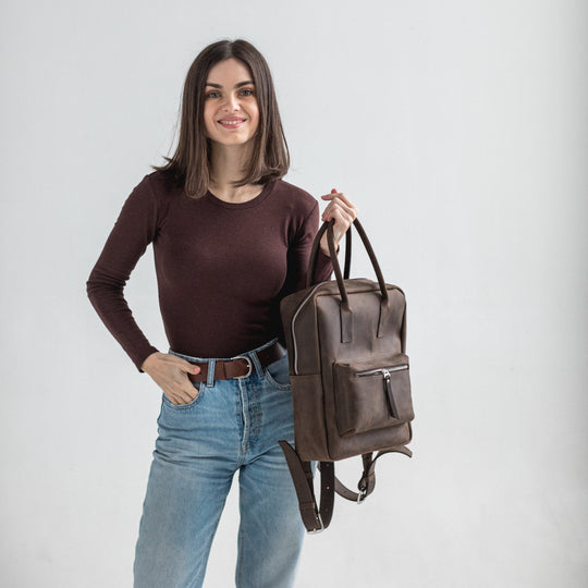 Dark brown leather city backpack - Leather Purse Backpack