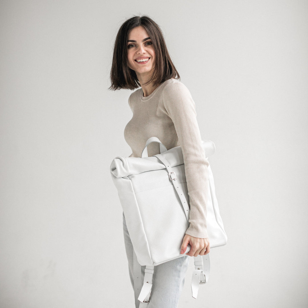White pebbled leather roll-top backpack - Leather Purse Backpack