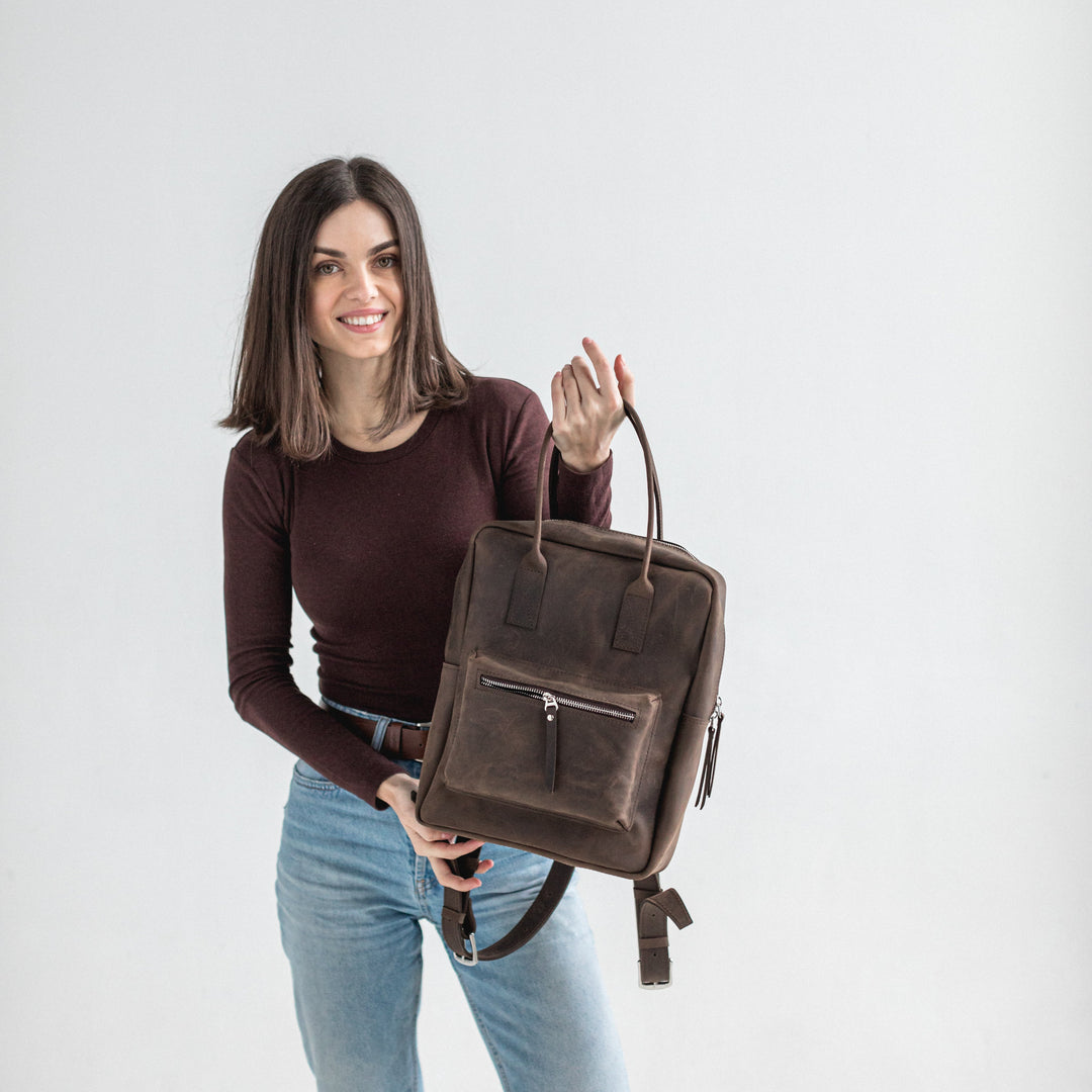 Dark brown leather city backpack - Leather Purse Backpack