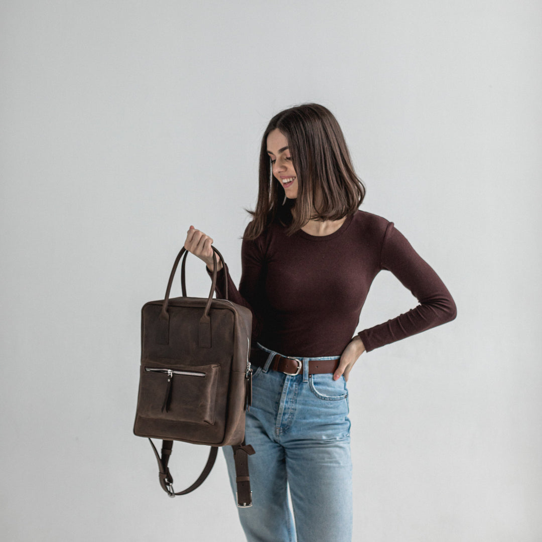 Dark brown leather city backpack - Leather Purse Backpack