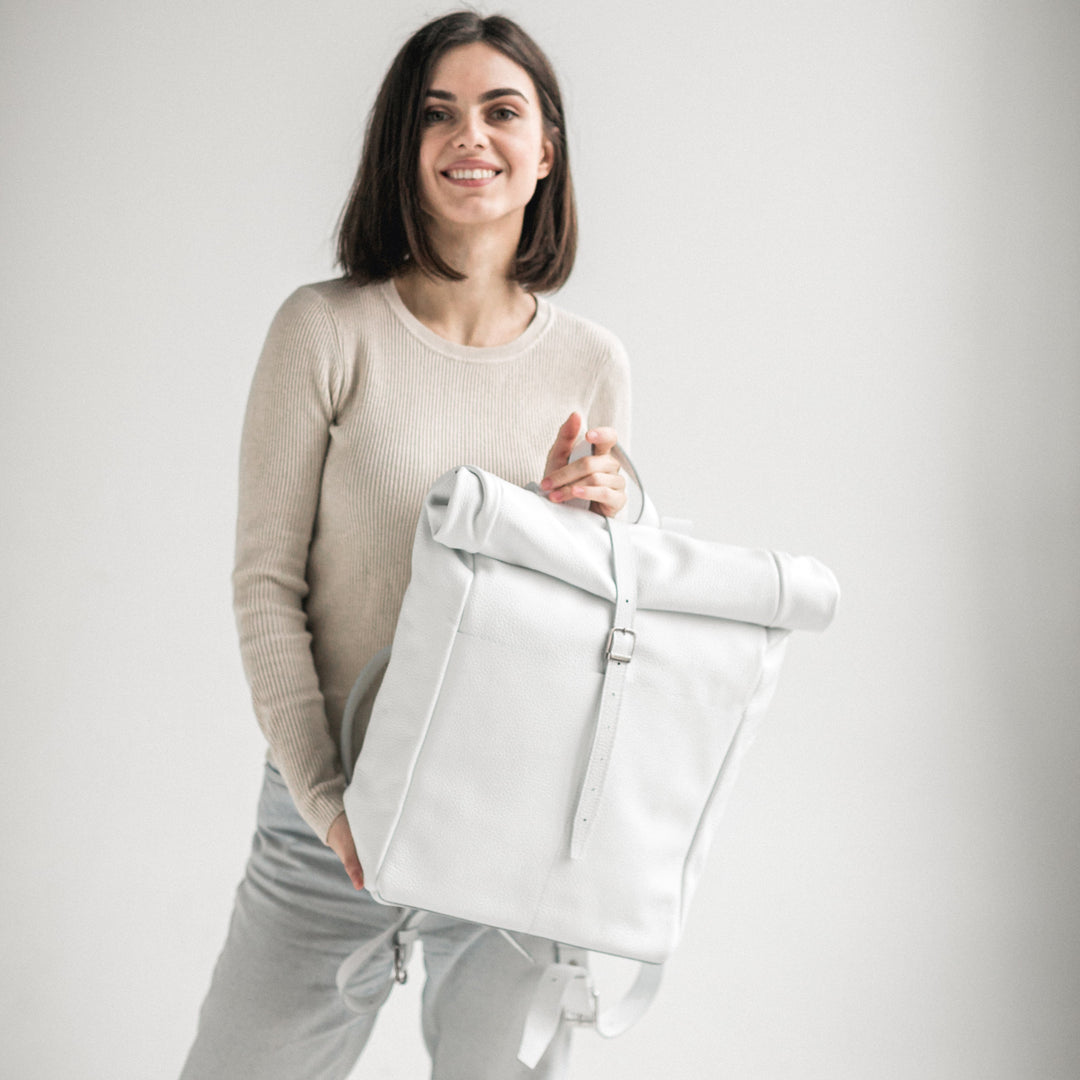 White pebbled leather roll-top backpack - Leather Purse Backpack