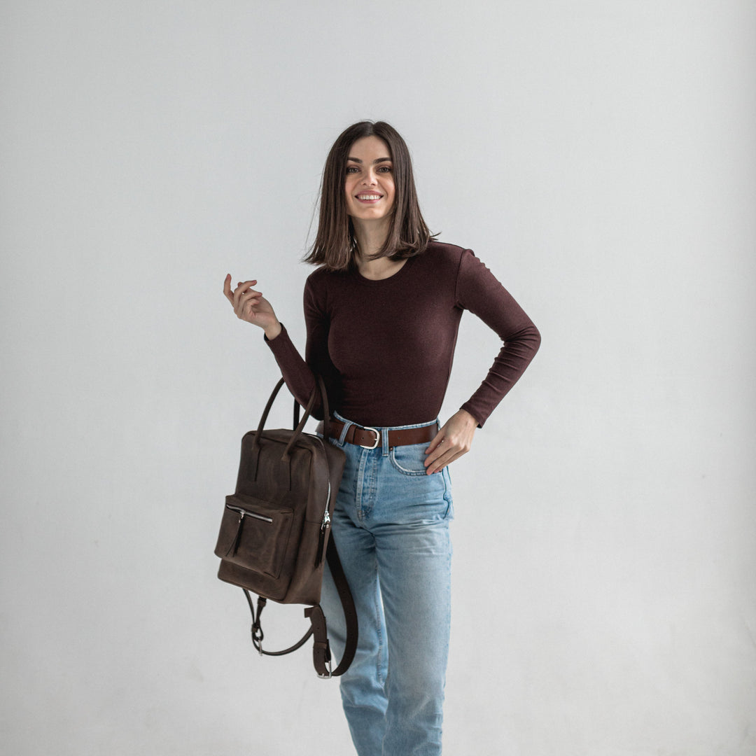 Dark brown leather city backpack - Leather Purse Backpack