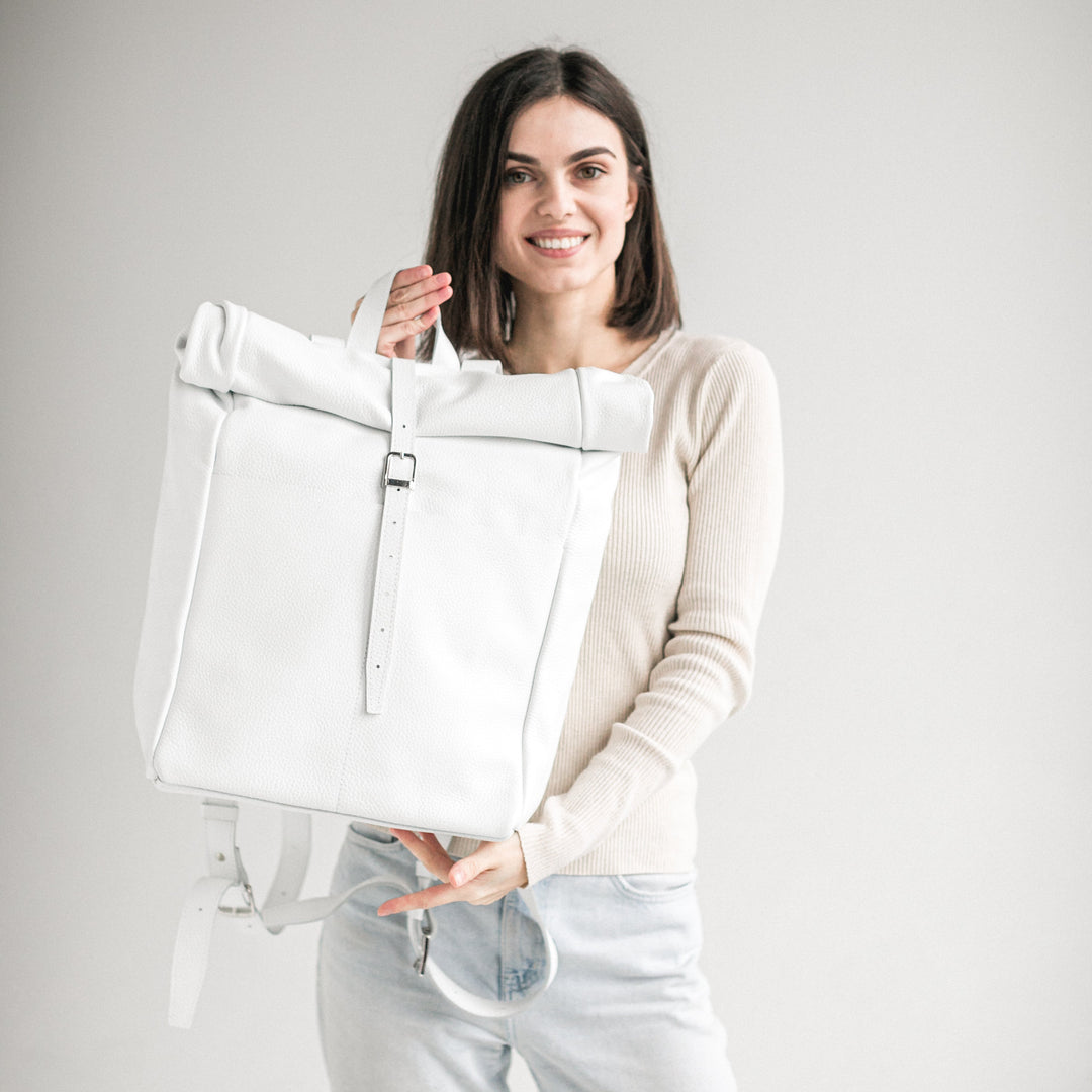 White pebbled leather roll-top backpack - Leather Purse Backpack