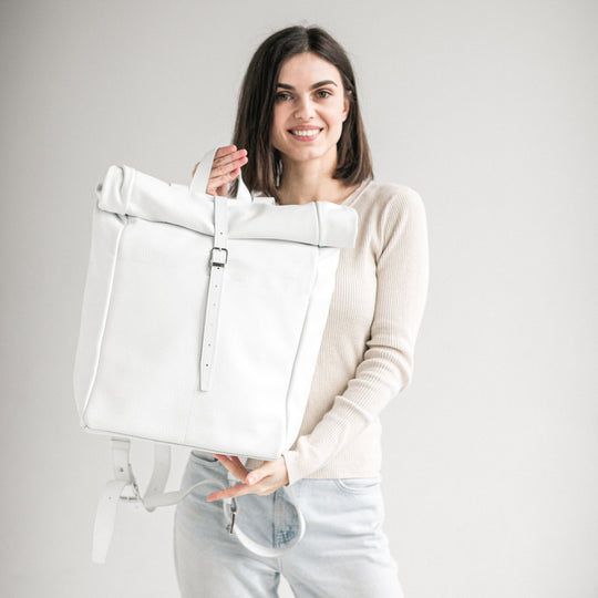 White pebbled leather roll-top backpack - Leather Purse Backpack