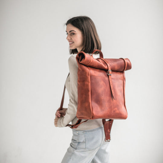Cognac leather roll-top backpack - Leather Purse Backpack